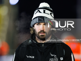 Sammy Arnold of Newcastle Falcons arrives for the Premiership Cup Group A match between Newcastle Falcons and Sale FC at Kingston Park in Ne...