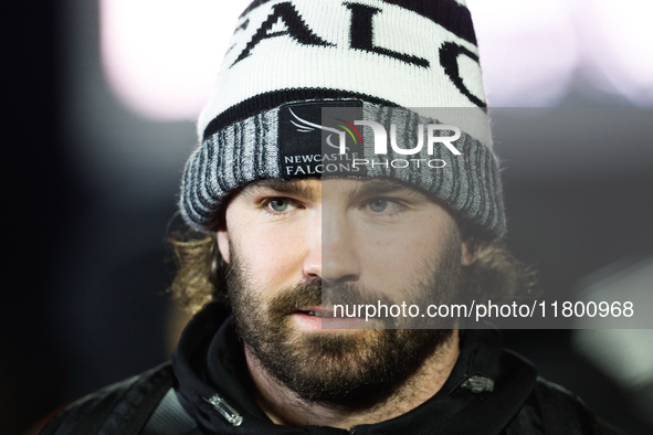 Sammy Arnold of Newcastle Falcons arrives at Kingston Park for the Premiership Cup Group A match between Newcastle Falcons and Sale FC in Ne...