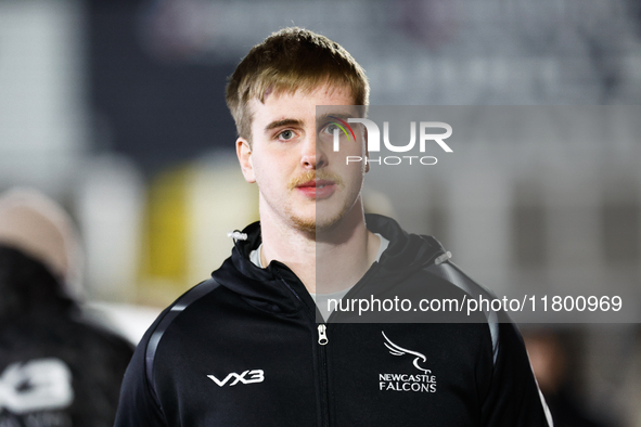 Finn Baker of Newcastle Falcons arrives at Kingston Park for the Premiership Cup Group A match between Newcastle Falcons and Sale FC in Newc...