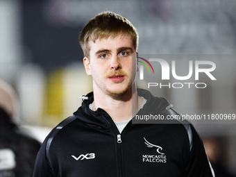 Finn Baker of Newcastle Falcons arrives at Kingston Park for the Premiership Cup Group A match between Newcastle Falcons and Sale FC in Newc...