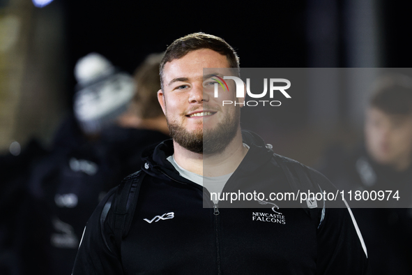 Murray McCallum of Newcastle Falcons arrives at Kingston Park for the Premiership Cup Group A match between Newcastle Falcons and Sale FC in...