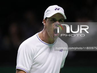 MALAGA, SPAIN - NOVEMBER 22: Daniel Altamaier of Team Germany celebrates a point during his singles match against Botic van de Zandschulp of...