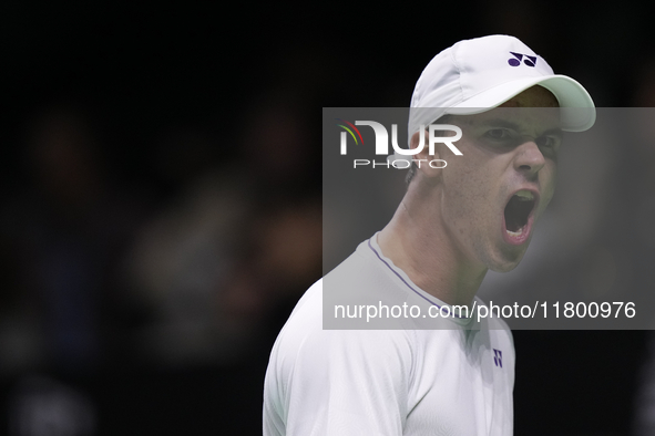 MALAGA, SPAIN - NOVEMBER 22: Daniel Altamaier of Team Germany celebrates a point during his singles match against Botic van de Zandschulp of...