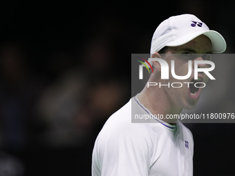 MALAGA, SPAIN - NOVEMBER 22: Daniel Altamaier of Team Germany celebrates a point during his singles match against Botic van de Zandschulp of...