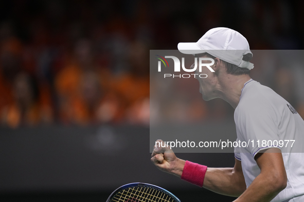 MALAGA, SPAIN - NOVEMBER 22: Daniel Altamaier of Team Germany celebrates a point during his singles match against Botic van de Zandschulp of...