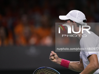 MALAGA, SPAIN - NOVEMBER 22: Daniel Altamaier of Team Germany celebrates a point during his singles match against Botic van de Zandschulp of...