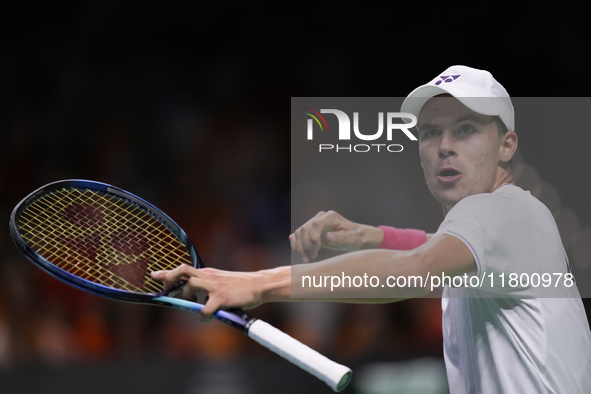 MALAGA, SPAIN - NOVEMBER 22: Daniel Altamaier of Team Germany celebrates a point during his singles match against Botic van de Zandschulp of...