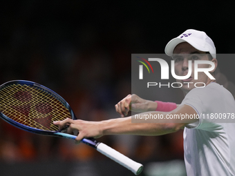 MALAGA, SPAIN - NOVEMBER 22: Daniel Altamaier of Team Germany celebrates a point during his singles match against Botic van de Zandschulp of...