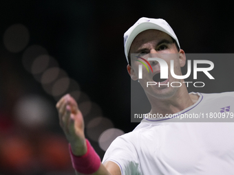 MALAGA, SPAIN - NOVEMBER 22: Daniel Altamaier of Team Germany celebrates a point during his singles match against Botic van de Zandschulp of...