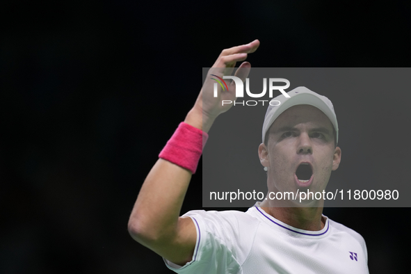 MALAGA, SPAIN - NOVEMBER 22: Daniel Altamaier of Team Germany celebrates a point during his singles match against Botic van de Zandschulp of...