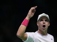 MALAGA, SPAIN - NOVEMBER 22: Daniel Altamaier of Team Germany celebrates a point during his singles match against Botic van de Zandschulp of...