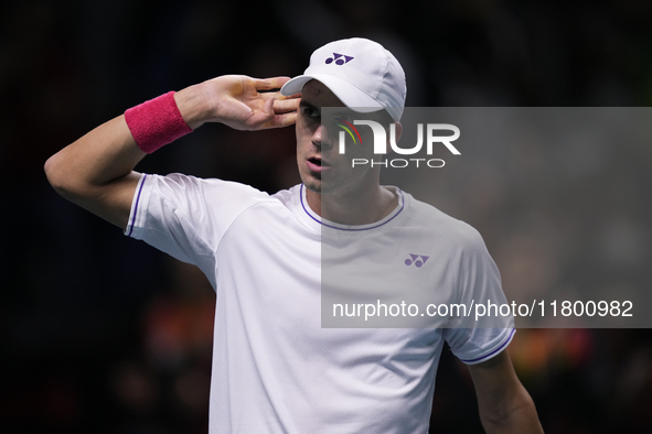 MALAGA, SPAIN - NOVEMBER 22: Daniel Altamaier of Team Germany celebrates a point during his singles match against Botic van de Zandschulp of...