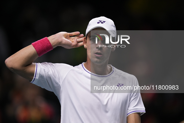 MALAGA, SPAIN - NOVEMBER 22: Daniel Altamaier of Team Germany celebrates a point during his singles match against Botic van de Zandschulp of...