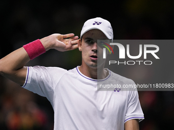 MALAGA, SPAIN - NOVEMBER 22: Daniel Altamaier of Team Germany celebrates a point during his singles match against Botic van de Zandschulp of...