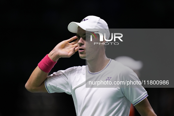 MALAGA, SPAIN - NOVEMBER 22: Daniel Altamaier of Team Germany celebrates a point during his singles match against Botic van de Zandschulp of...