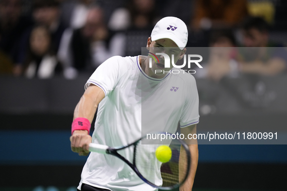 MALAGA, SPAIN - NOVEMBER 22: Daniel Altamaier of Team Germany during his singles match against Botic van de Zandschulp of Team Netherlands d...