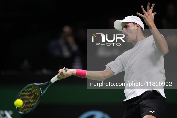 MALAGA, SPAIN - NOVEMBER 22: Daniel Altamaier of Team Germany during his singles match against Botic van de Zandschulp of Team Netherlands d...