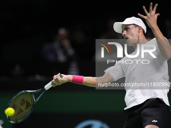 MALAGA, SPAIN - NOVEMBER 22: Daniel Altamaier of Team Germany during his singles match against Botic van de Zandschulp of Team Netherlands d...