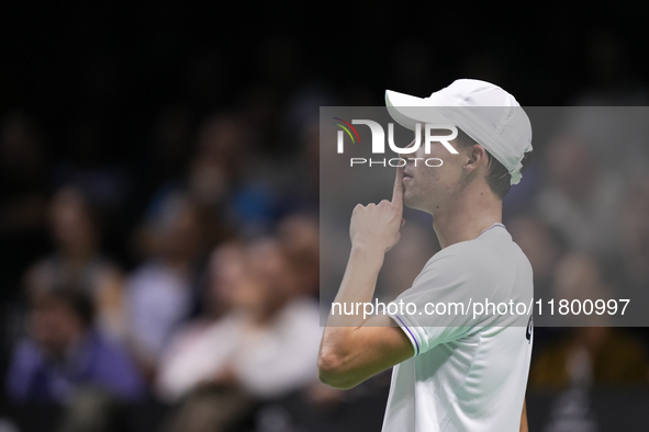 MALAGA, SPAIN - NOVEMBER 22: Daniel Altamaier of Team Germany reacts during his singles match against Botic van de Zandschulp of Team Nether...