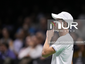 MALAGA, SPAIN - NOVEMBER 22: Daniel Altamaier of Team Germany reacts during his singles match against Botic van de Zandschulp of Team Nether...