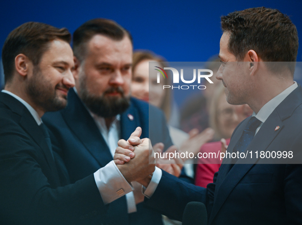 KRAKOW, POLAND - NOVEMBER 16:
Mayor of Warsaw Rafal Trzaskowski (R) shakes hands with Mayor of Krakow Aleksander Miszalski (L) during Trzask...