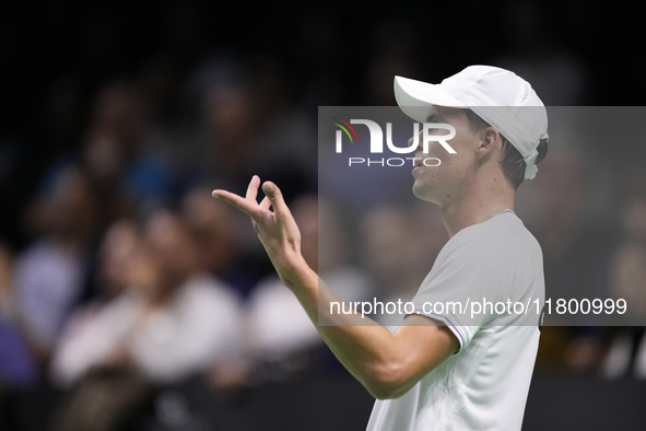 MALAGA, SPAIN - NOVEMBER 22: Daniel Altamaier of Team Germany reacts during his singles match against Botic van de Zandschulp of Team Nether...