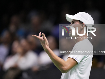 MALAGA, SPAIN - NOVEMBER 22: Daniel Altamaier of Team Germany reacts during his singles match against Botic van de Zandschulp of Team Nether...