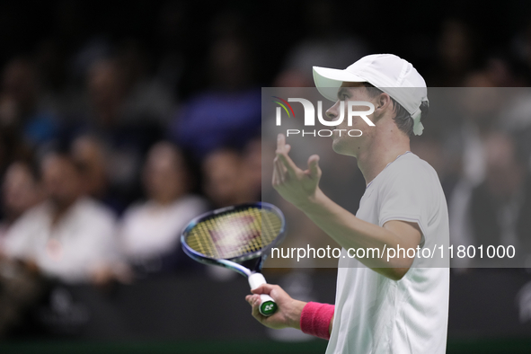 MALAGA, SPAIN - NOVEMBER 22: Daniel Altamaier of Team Germany reacts during his singles match against Botic van de Zandschulp of Team Nether...