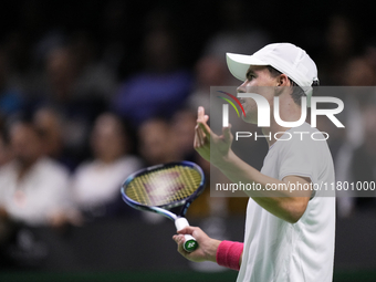 MALAGA, SPAIN - NOVEMBER 22: Daniel Altamaier of Team Germany reacts during his singles match against Botic van de Zandschulp of Team Nether...