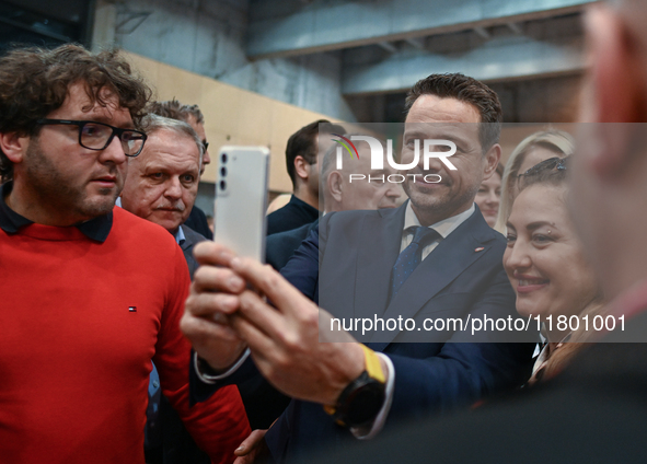 KRAKOW, POLAND - NOVEMBER 16:
Mayor of Warsaw Rafal Trzaskowski takes selfies with supporters after his meeting with voters at Nowa Huta's H...