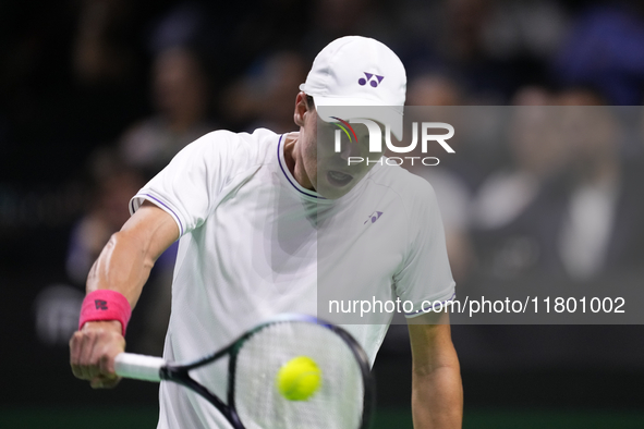 MALAGA, SPAIN - NOVEMBER 22: Daniel Altamaier of Team Germany during his singles match against Botic van de Zandschulp of Team Netherlands d...