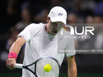 MALAGA, SPAIN - NOVEMBER 22: Daniel Altamaier of Team Germany during his singles match against Botic van de Zandschulp of Team Netherlands d...