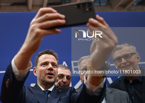 KRAKOW, POLAND - NOVEMBER 16:
Mayor of Warsaw Rafal Trzaskowski takes selfies with supporters after his meeting with voters at Nowa Huta's H...