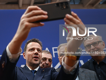 KRAKOW, POLAND - NOVEMBER 16:
Mayor of Warsaw Rafal Trzaskowski takes selfies with supporters after his meeting with voters at Nowa Huta's H...