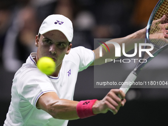 MALAGA, SPAIN - NOVEMBER 22: Daniel Altamaier of Team Germany during his singles match against Botic van de Zandschulp of Team Netherlands d...