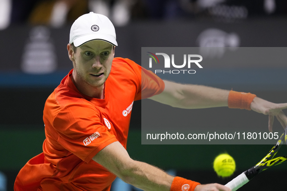 MALAGA, SPAIN - NOVEMBER 22: Botic van de Zandschulp of Team Netherlands during his singles match against Daniel Altamaier of Team Germany d...