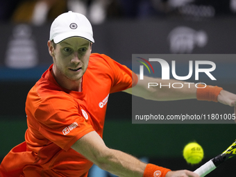 MALAGA, SPAIN - NOVEMBER 22: Botic van de Zandschulp of Team Netherlands during his singles match against Daniel Altamaier of Team Germany d...