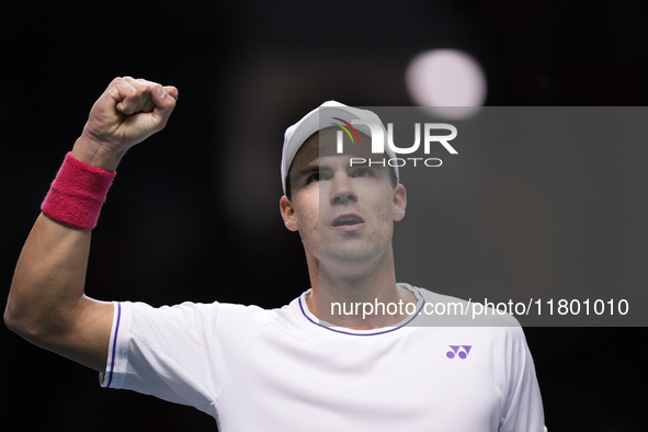 MALAGA, SPAIN - NOVEMBER 22: Daniel Altamaier of Team Germany celebrates a point during his singles match against Botic van de Zandschulp of...