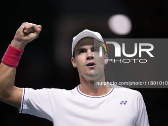 MALAGA, SPAIN - NOVEMBER 22: Daniel Altamaier of Team Germany celebrates a point during his singles match against Botic van de Zandschulp of...