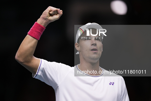 MALAGA, SPAIN - NOVEMBER 22: Daniel Altamaier of Team Germany celebrates a point during his singles match against Botic van de Zandschulp of...