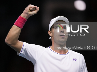 MALAGA, SPAIN - NOVEMBER 22: Daniel Altamaier of Team Germany celebrates a point during his singles match against Botic van de Zandschulp of...