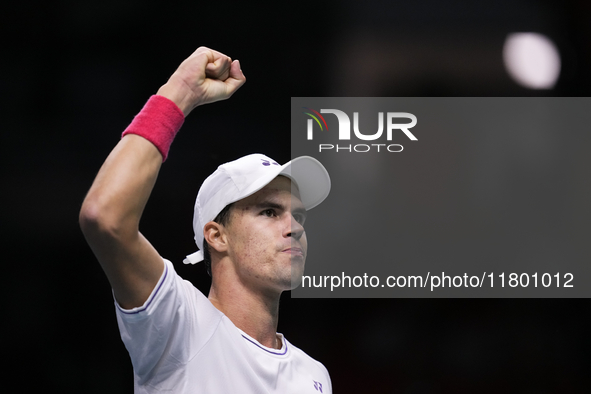 MALAGA, SPAIN - NOVEMBER 22: Daniel Altamaier of Team Germany celebrates a point during his singles match against Botic van de Zandschulp of...