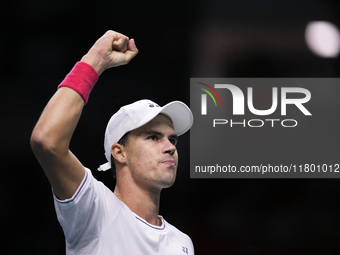 MALAGA, SPAIN - NOVEMBER 22: Daniel Altamaier of Team Germany celebrates a point during his singles match against Botic van de Zandschulp of...