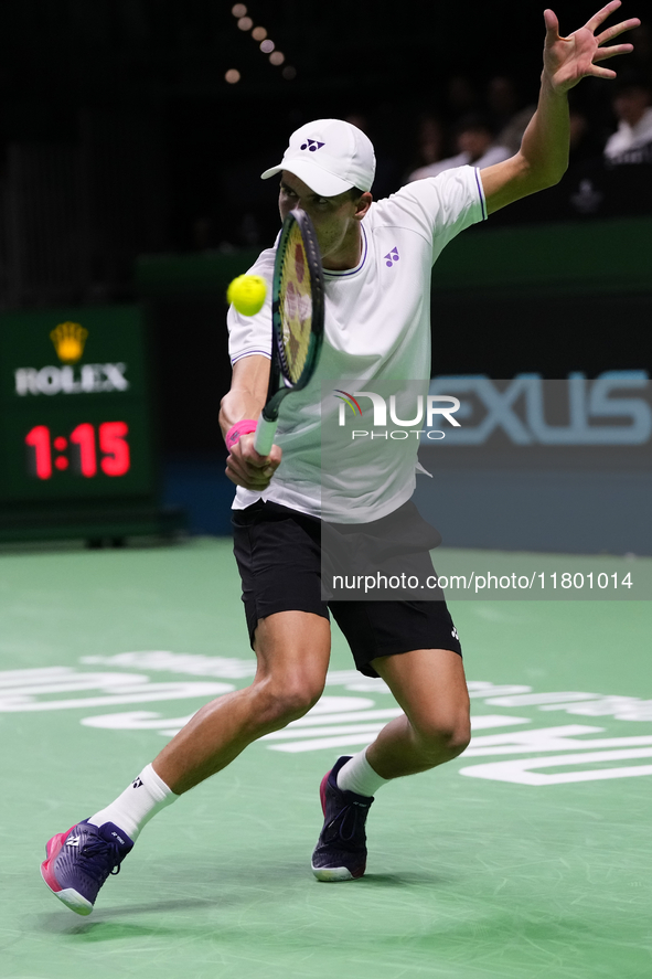 MALAGA, SPAIN - NOVEMBER 22: Daniel Altamaier of Team Germany during his singles match against Botic van de Zandschulp of Team Netherlands d...