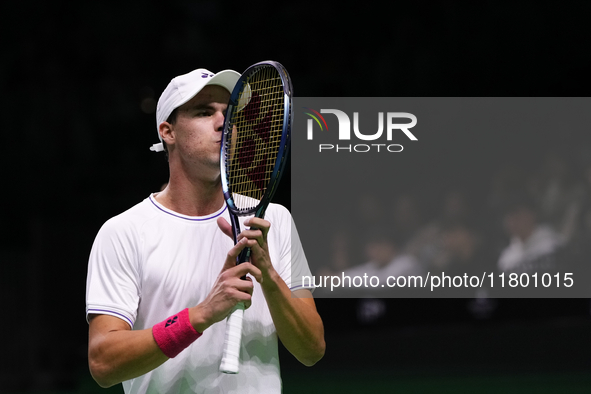 MALAGA, SPAIN - NOVEMBER 22: Daniel Altamaier of Team Germany during his singles match against Botic van de Zandschulp of Team Netherlands d...