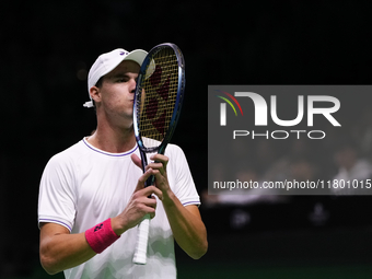 MALAGA, SPAIN - NOVEMBER 22: Daniel Altamaier of Team Germany during his singles match against Botic van de Zandschulp of Team Netherlands d...