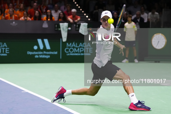 MALAGA, SPAIN - NOVEMBER 22: Daniel Altamaier of Team Germany during his singles match against Botic van de Zandschulp of Team Netherlands d...