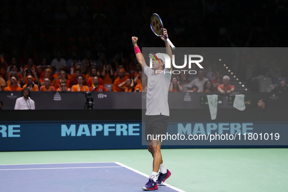 MALAGA, SPAIN - NOVEMBER 22: Daniel Altamaier of Team Germany celebrates a point during his singles match against Botic van de Zandschulp of...