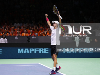 MALAGA, SPAIN - NOVEMBER 22: Daniel Altamaier of Team Germany celebrates a point during his singles match against Botic van de Zandschulp of...