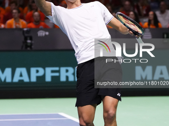 MALAGA, SPAIN - NOVEMBER 22: Daniel Altamaier of Team Germany celebrates a point during his singles match against Botic van de Zandschulp of...